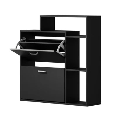 SS-VJ-2ROW-BK Oikiture Shoe Cabinet Storage 2 Doors Shoes Rack Display Wooden Shelves Black