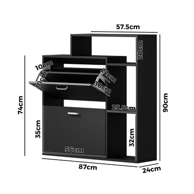 SS-VJ-2ROW-BK Oikiture Shoe Cabinet Storage 2 Doors Shoes Rack Display Wooden Shelves Black