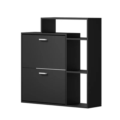 SS-VJ-2ROW-BK Oikiture Shoe Cabinet Storage 2 Doors Shoes Rack Display Wooden Shelves Black