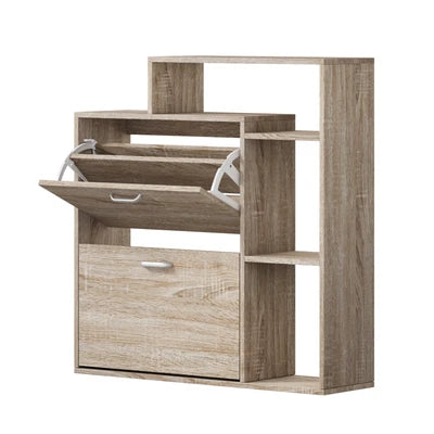 SS-VJ-2ROW-WD Oikiture Shoe Cabinet Storage 2 Doors Shoes Rack Display Wooden with Shelves