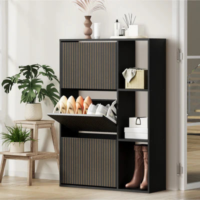 SS-VJ-TICK-3R3S-BK-AB Oikiture Shoe Rack Storage Cabinet with Display Shelves Organiser Black