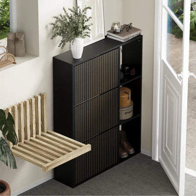 SS-VJ-TICK-3R3S-BK-AB Oikiture Shoe Rack Storage Cabinet with Display Shelves Organiser Black