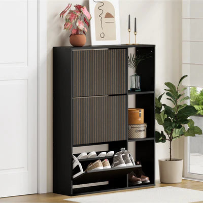 SS-VJ-TICK-3R3S-BK-AB Oikiture Shoe Rack Storage Cabinet with Display Shelves Organiser Black