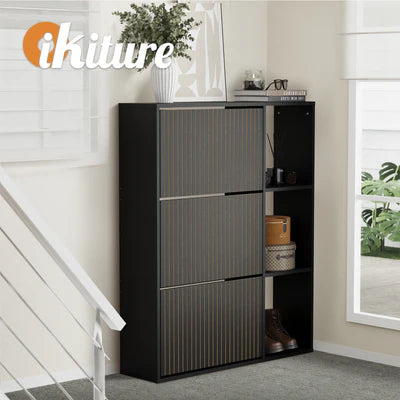 SS-VJ-TICK-3R3S-BK-AB Oikiture Shoe Rack Storage Cabinet with Display Shelves Organiser Black