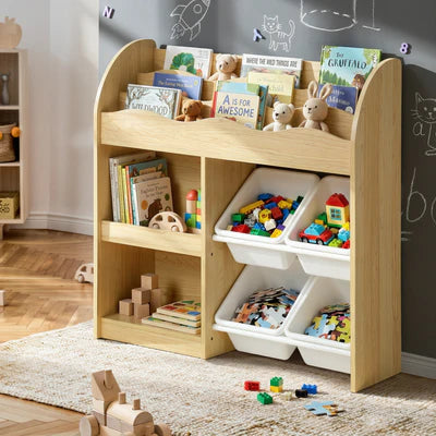 ST-KID-SASA-4B-WD Oikiture Kids Bookshelf 4 Bins Toy Box Storage Organiser Display Shelf