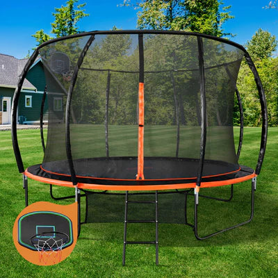 TPL-B-12FT-OR-AB Mazam 12FT Trampoline Kids Tramplines Safety Net Basketball Set Ladder Round