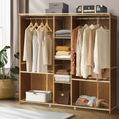 Scratched WA-BM-CT170-WD Oikiture Open Wardrobe Clothes Storage Stand Hanging Rail Bamboo Cupboard