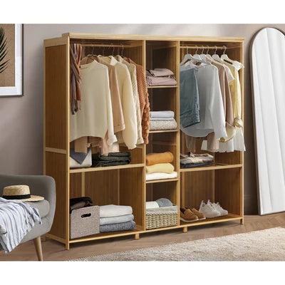 Scratched WA-BM-CT170-WD Oikiture Open Wardrobe Clothes Storage Stand Hanging Rail Bamboo Cupboard