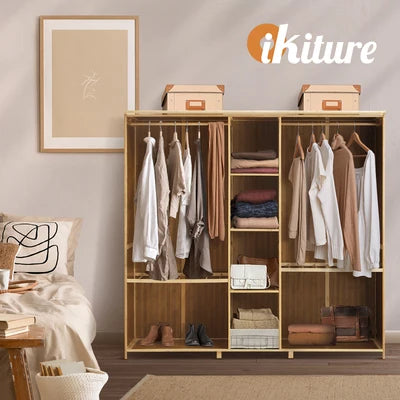 Scratched WA-BM-CT170-WD Oikiture Open Wardrobe Clothes Storage Stand Hanging Rail Bamboo Cupboard