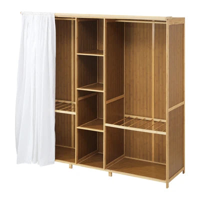 Scratched WA-BM-CT170-WD Oikiture Open Wardrobe Clothes Storage Stand Hanging Rail Bamboo Cupboard