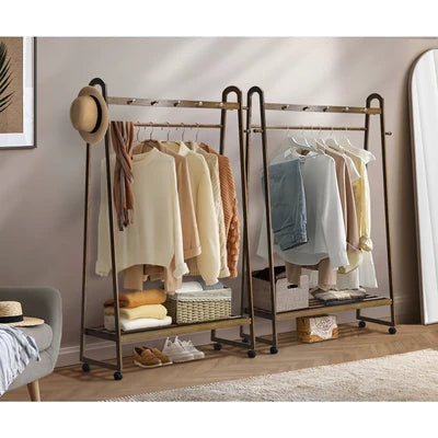 WA-BM-W100HK-BR Oikiture Clothes Rack Garment Coat Stand Hanging Rail Bamboo Portable Wheels