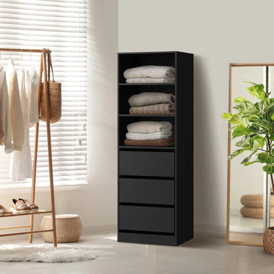 WA-MEXI-BK-AB Oikiture Wardrobe Shelf Unit Clothes Storage Cabinet 3 Drawers Organizer Black