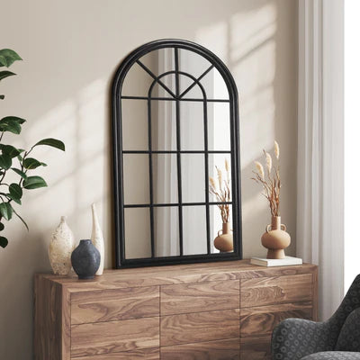 WM-B-ARCH-7651-BKWD Oikiture Window Mirror Arched Wall Mirrors Decor 76x51cm Wooden Black