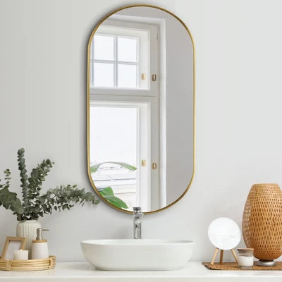 WM-B-OVAL-8450-GD Oikiture Wall Mirrors Oval Makeup Mirror Bedroom Home Decor Gold 84x50cm