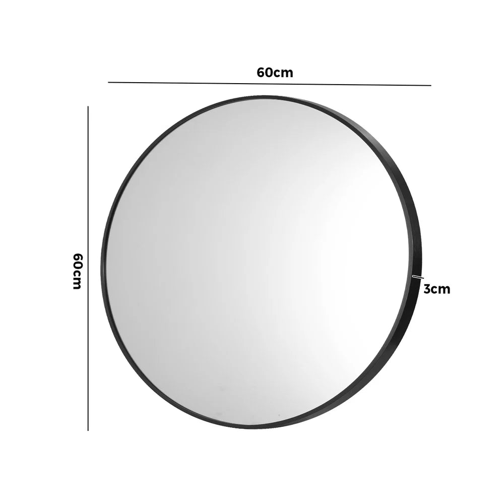 WM-B-ROUND-60-BK Oikiture 60cm Wall Mirrors Round Makeup Mirror Home Decor Black Living Room