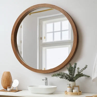 WM-B-ROUND-90-WN Oikiture Wall Mirrors 90cm Round Large Makeup Mirror Bathroom Home Decor Walnut