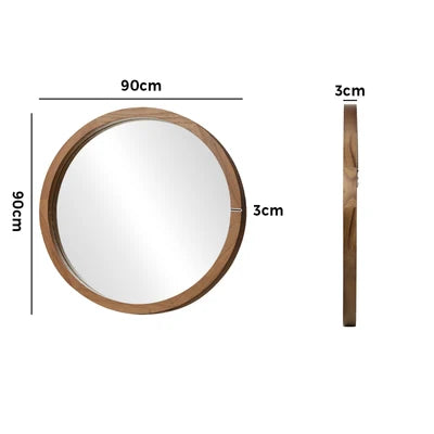 WM-B-ROUND-90-WN Oikiture Wall Mirrors 90cm Round Large Makeup Mirror Bathroom Home Decor Walnut