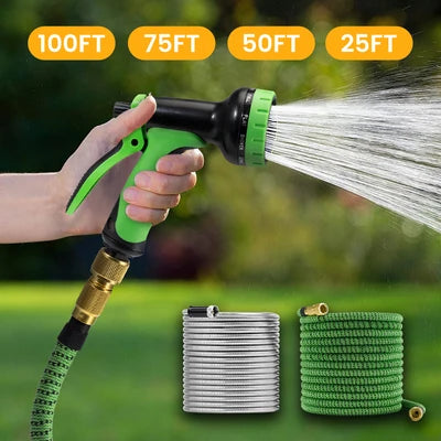 ZU-GW100FT-GN ZUNI Flexible Garden Water Hose 10 Function Spray Nozzle 100ft Silver