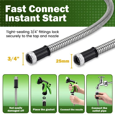 ZU-GW100FT-GN ZUNI Flexible Garden Water Hose 10 Function Spray Nozzle 100ft Silver
